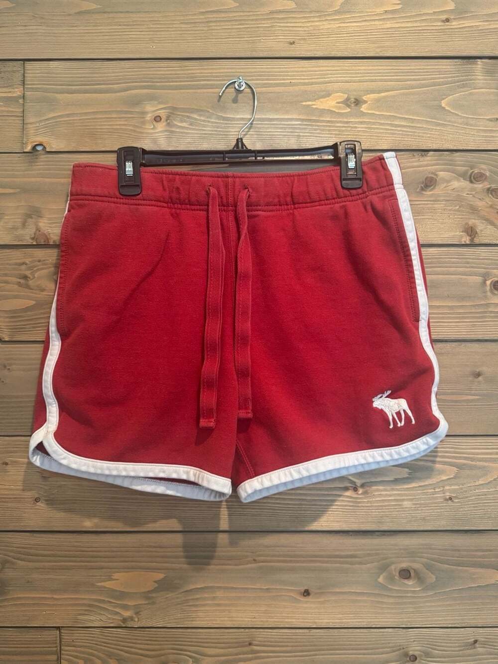 Abercrombie & Fitch Red Sweatshorts with White Piping and Moose Logo Large